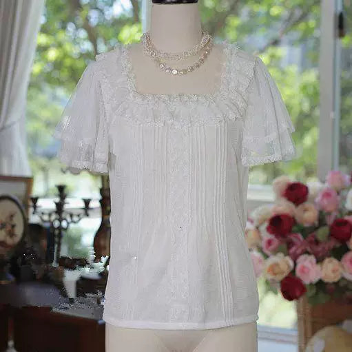 White Sweet Lolita blouse with lace-trimmed square neckline