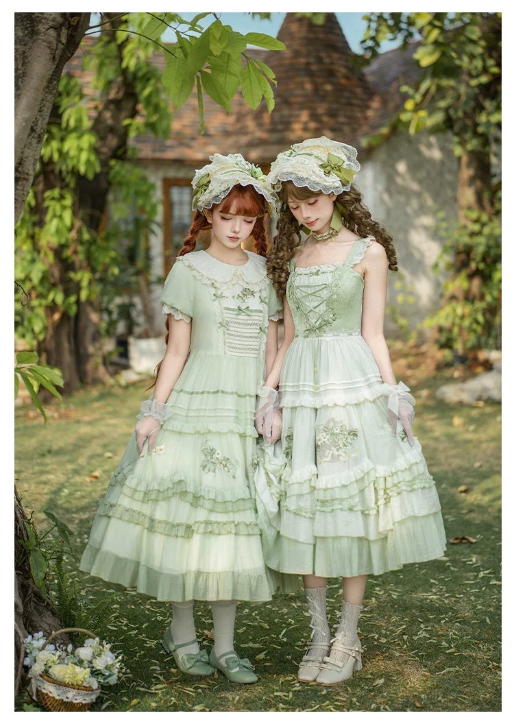 With PUJI - Green Grape - Embroidered Country Lolita OP Dress, Tiered JSK
