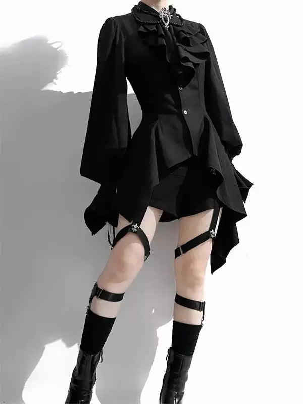 Creamy - Shadow Ruffle - Black blouse with layered front ruffles