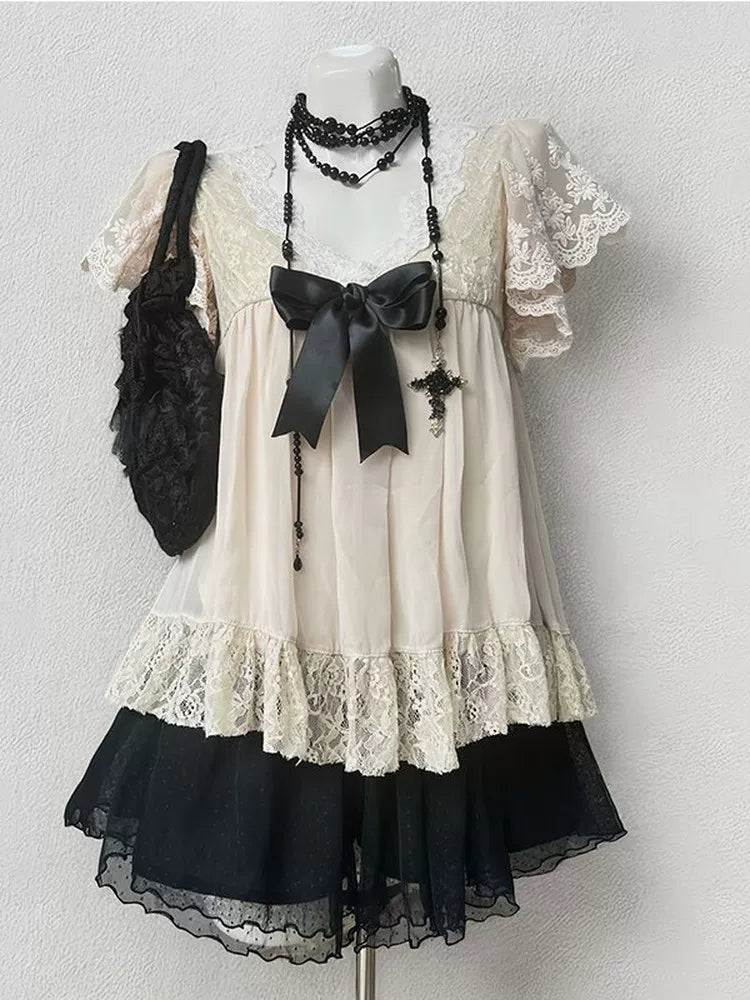 Creamy - Gothic Layered - Black and Ivory Three-Piece Set with Lace Trim