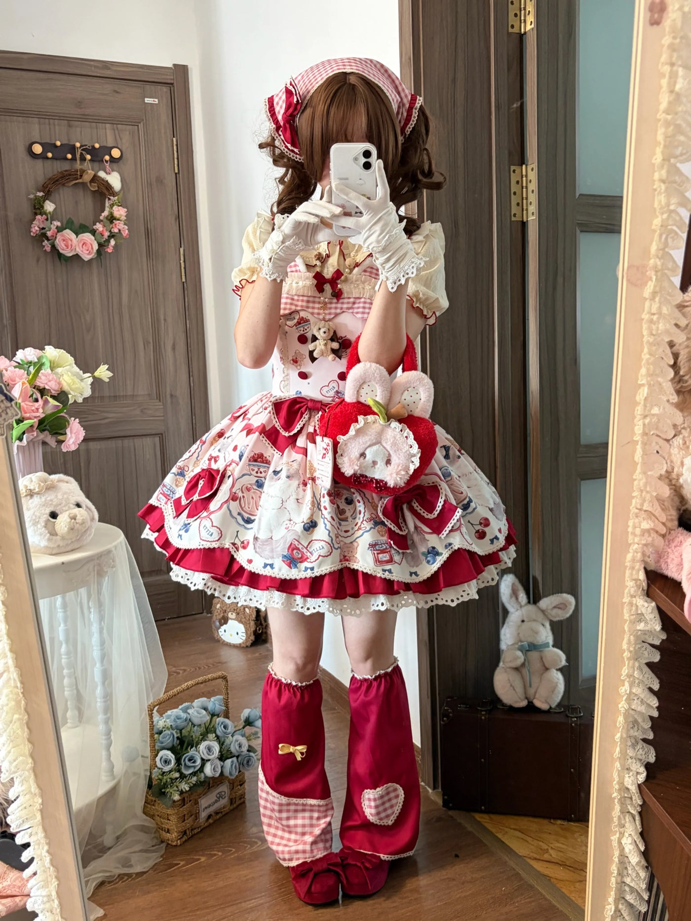 Fluffy Bunny Bubble Cake - Meow Meow Tea Party - Dessert-Print JSK Dress Set with Red Bows