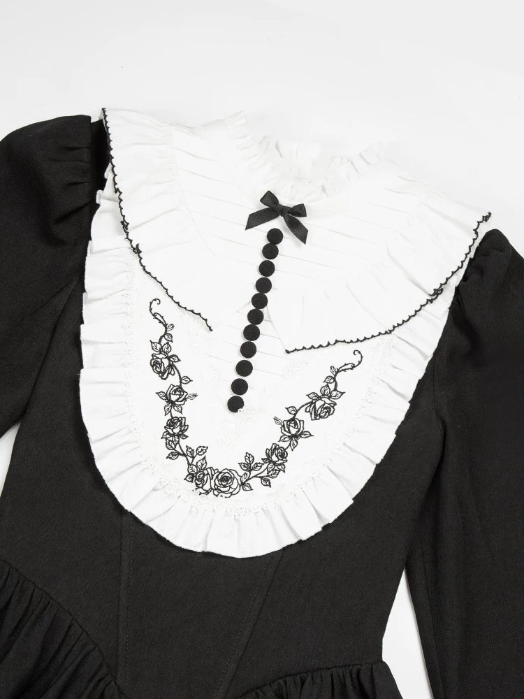 With PUJI - Audrey's Reply - Classic Lolita Square Neck OP, Detachable Embroidered Collar detail view 4