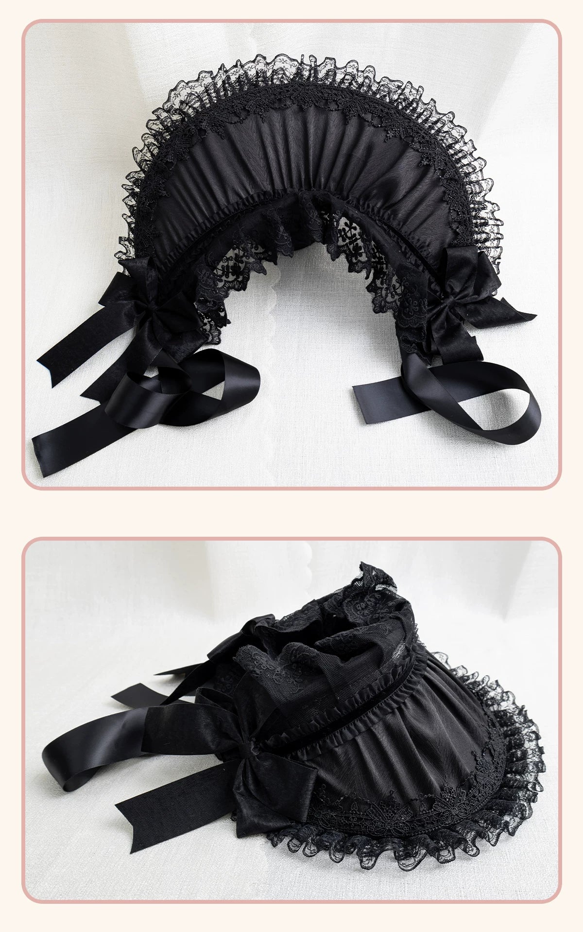 Stardust Rose - A035 Black Lace - Black Lace Headwear and Hand Sleeves with Ribbon Bows
