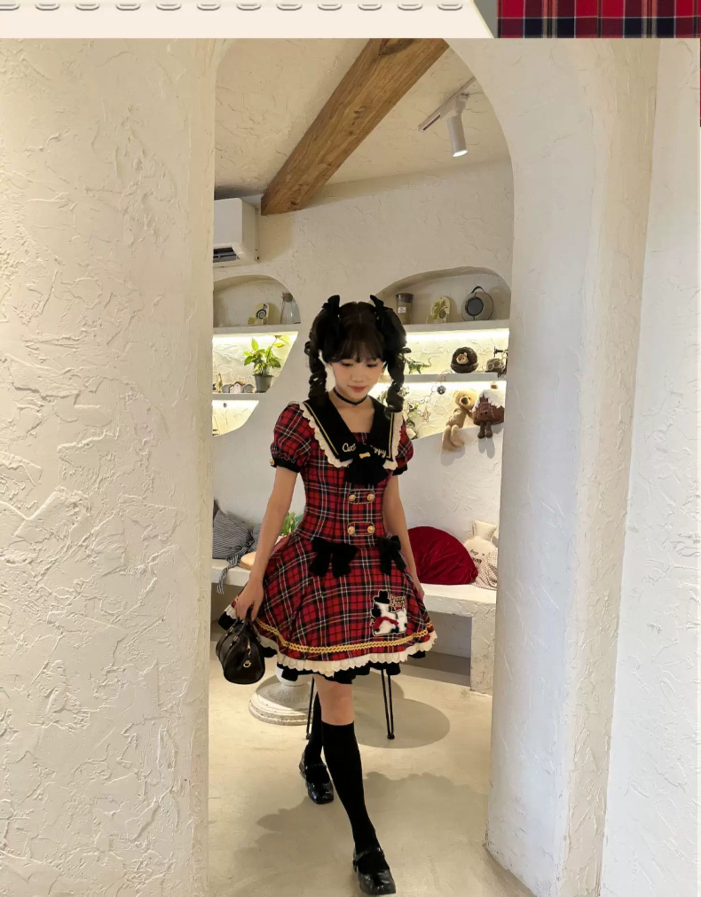 Baozi Pig - Spotty Puppy Plaid - Plaid One-Piece Dress with Puppy Motif