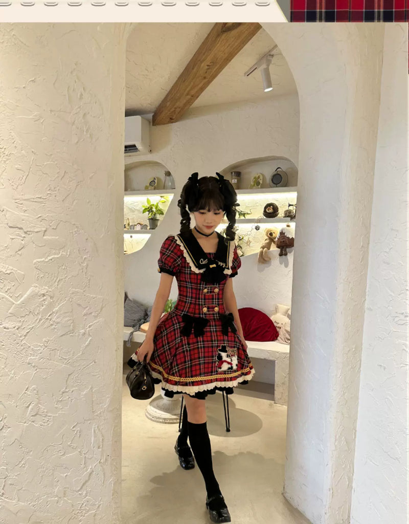 Baozi Pig - Spotty Puppy Plaid - Plaid One-Piece Dress with Puppy Motif