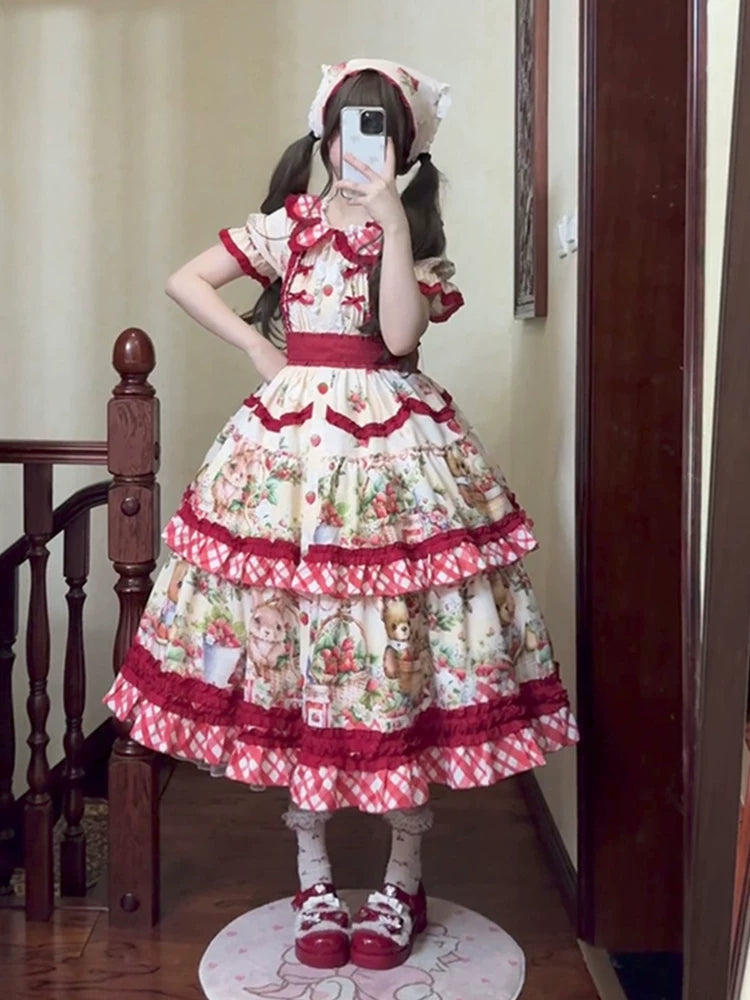 Dream Bunny - December Strawberry Field - Strawberry-Print One-Piece Dress with Red Gingham Ruffles
