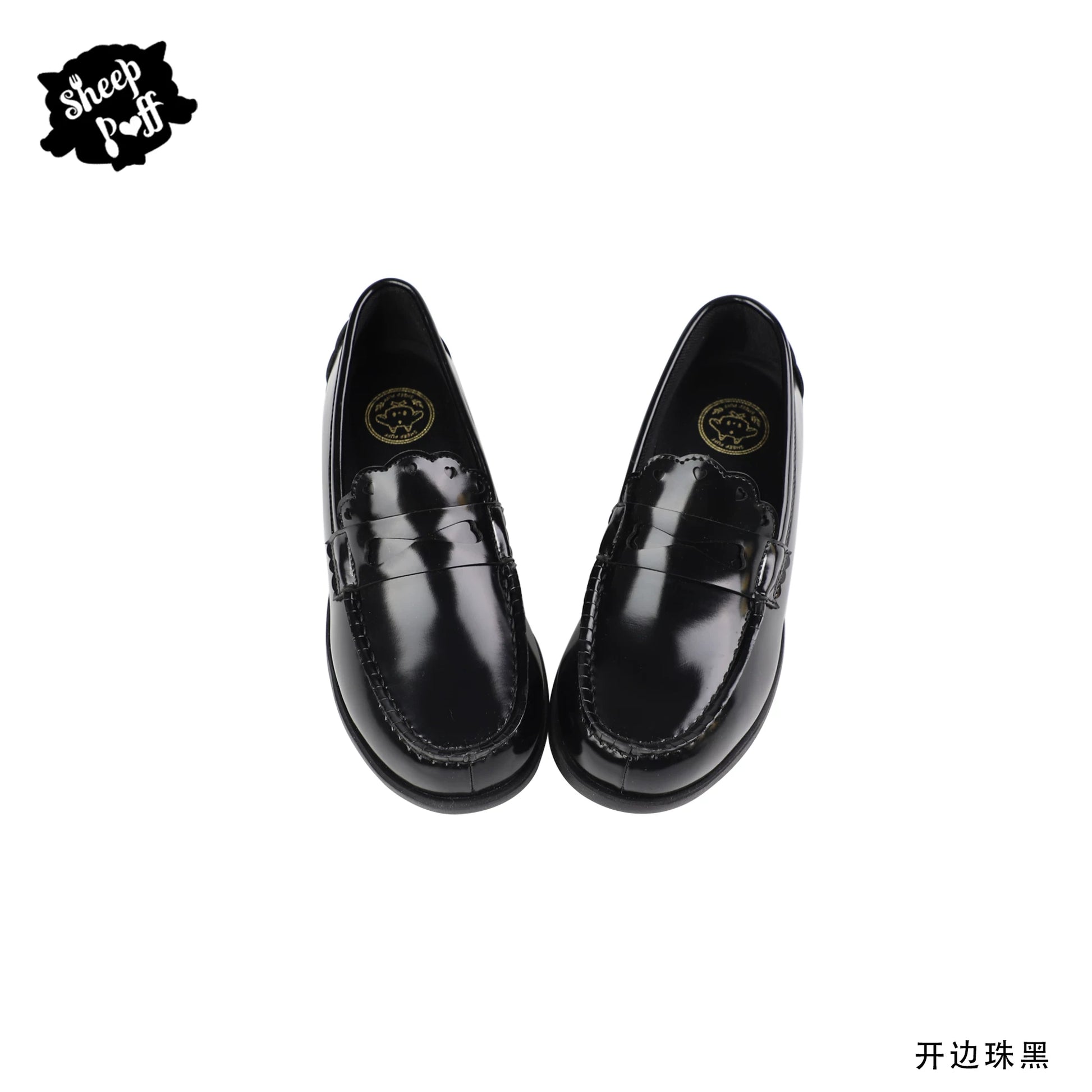 Sheep Puff Lolita shoes with a classic JK uniform style, featuring a cute puff design and polished black leather finish.