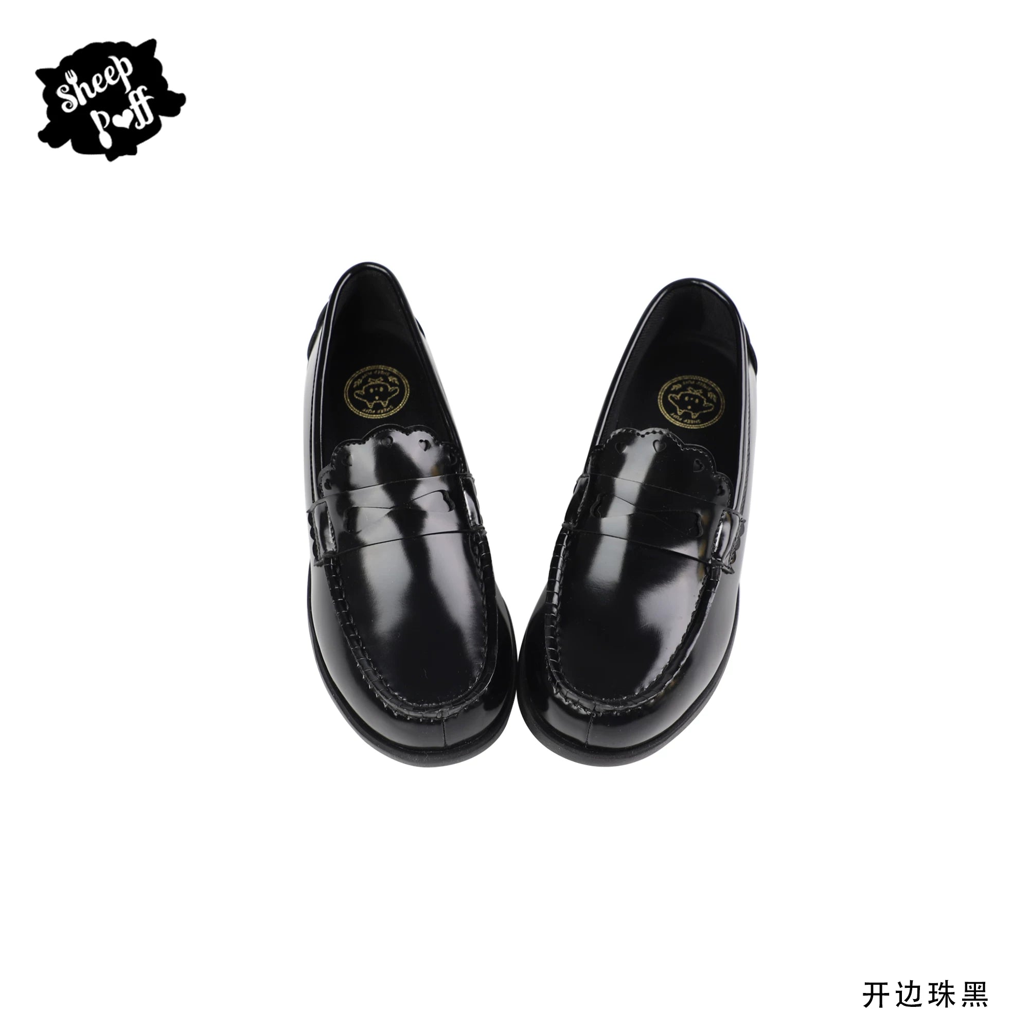 Sheep Puff Lolita shoes with a classic JK uniform style, featuring a cute puff design and polished black leather finish.