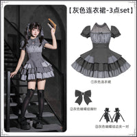 With PUJI - Small Firefly - Sweet Lolita OP Dress, Ruffle Trim & Square Neckline - Gray Dress 3-Piece set (Gray Dress + Bow Chest Pin + Bow Edge Clip Pair) In Stock / L