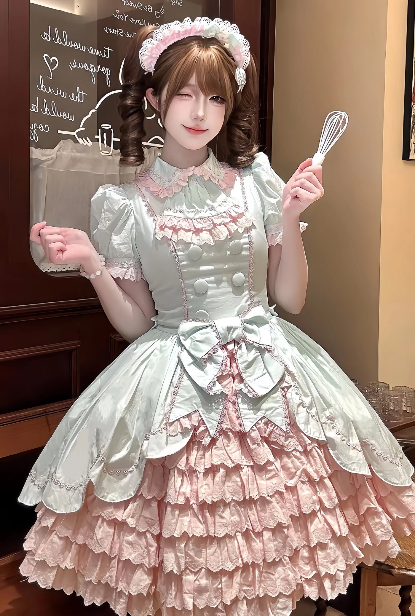 Tata Long Ear - Melon Parfait - Short-Sleeve OP Dress with Layered Ruffles