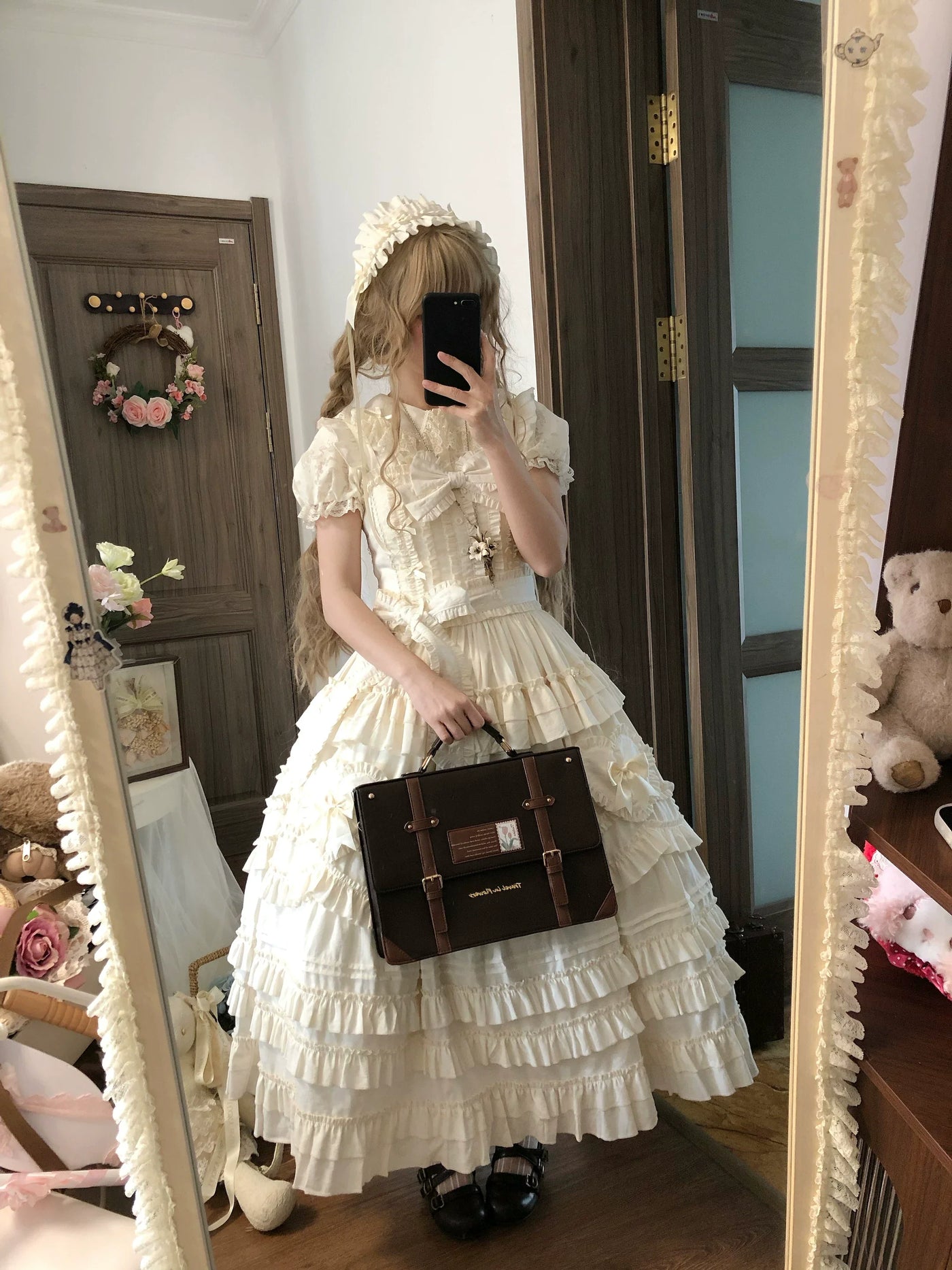 Loveheart - Solid Classic Lolita JSK Dress, Tiered Hem Milky Apricot JSK + Milky Apricot Headband S