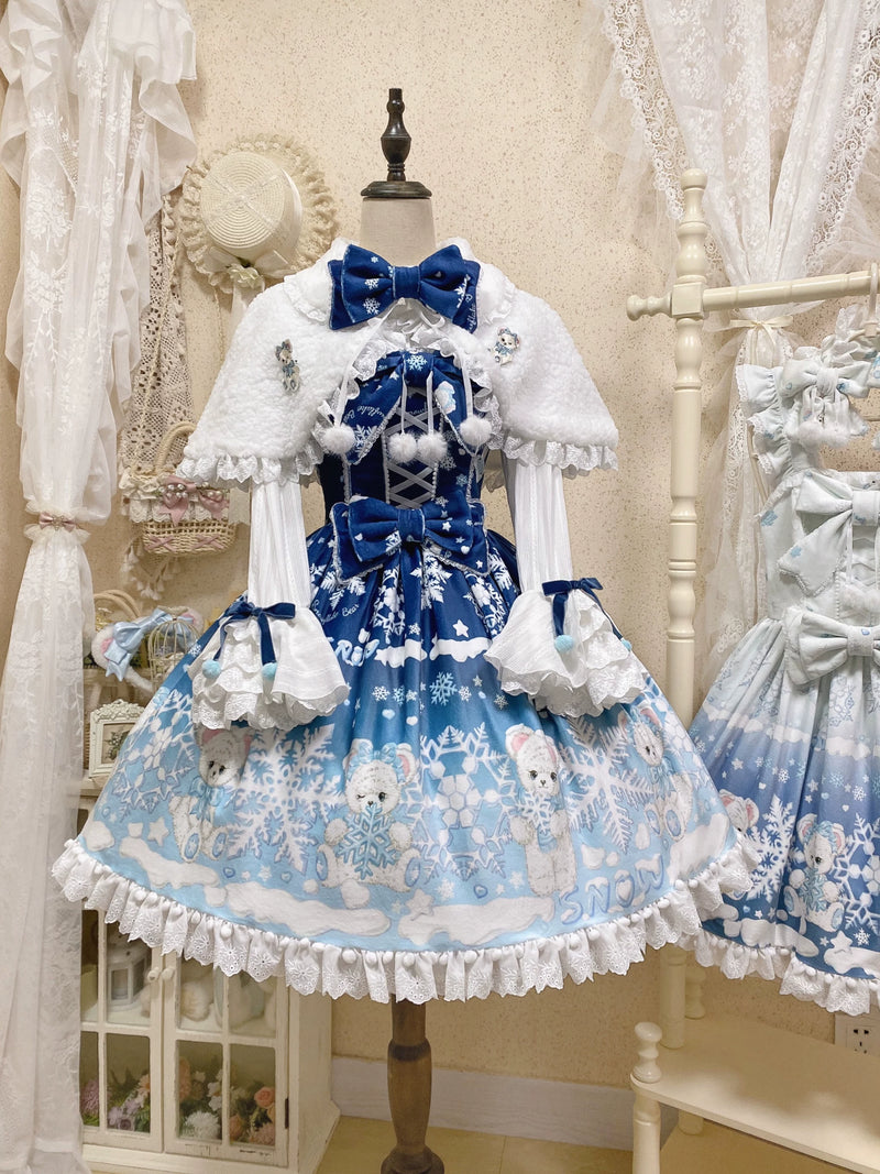 Snowflake Bear Lace-Trim Plush Lolita JSK — Navy & Blue Full Set 3 - JSK + Blouse + Cape + Bonnet