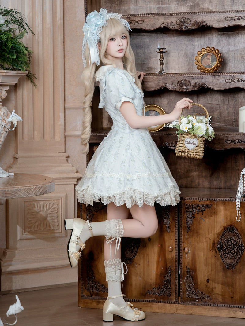 Yanran - Sweet Lolita Floral OP Dress - Pale blue one-piece Lolita
