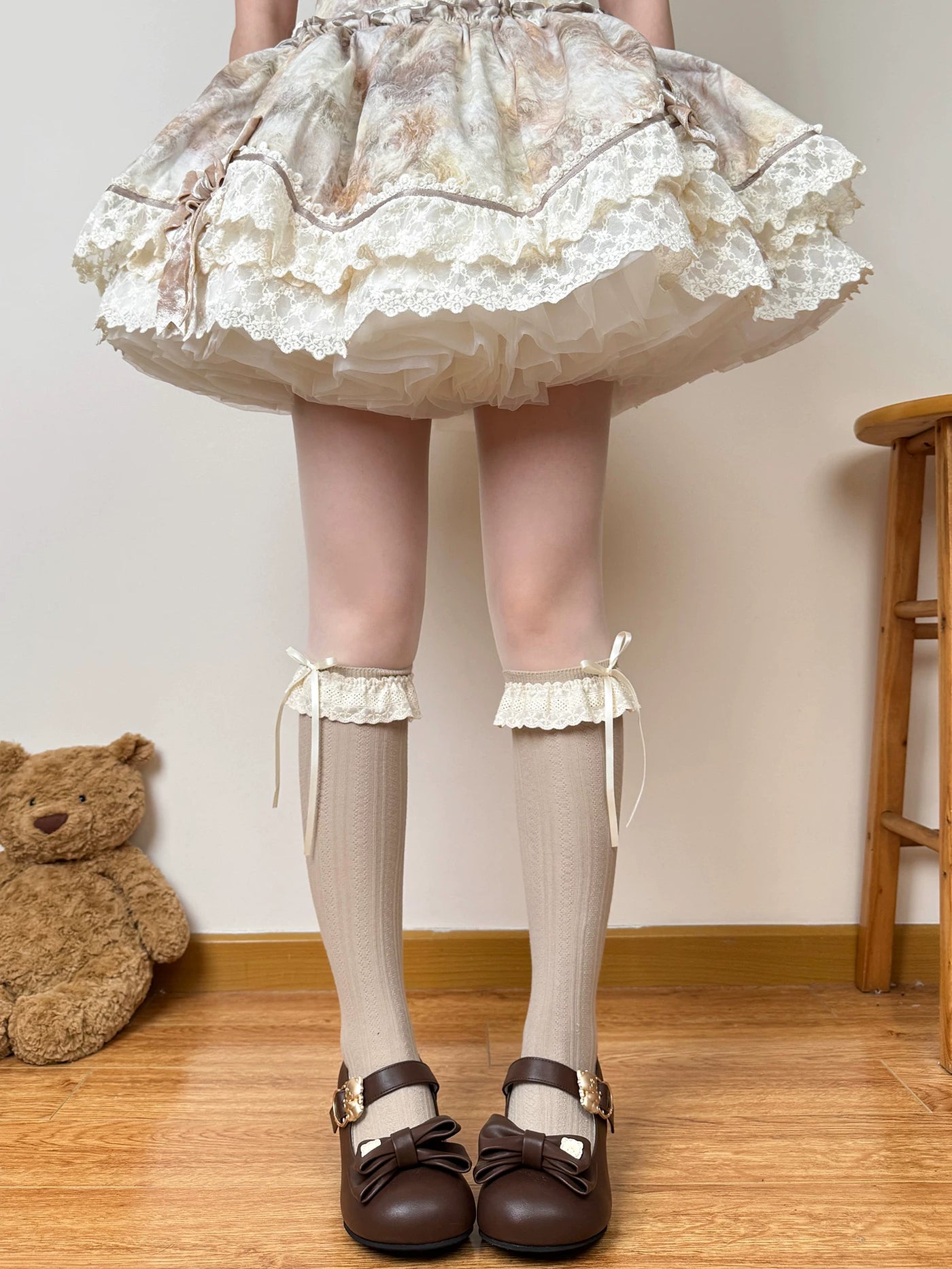Chubby Bear Tales - Antique Doll - Cotton Gathered Calf Socks with Lace Ruffle Cuffs