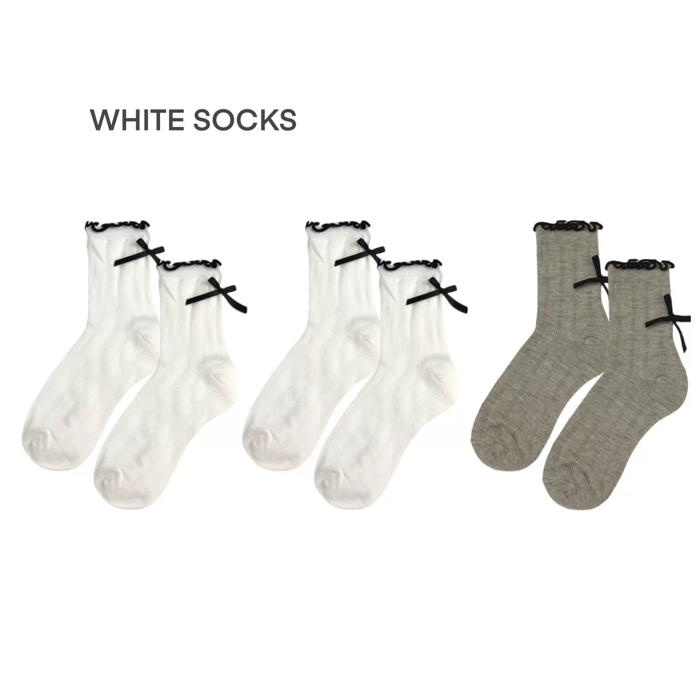 White Socks - Ballet Ribbon - Mid-Calf Socks with Lace Trim and Bow Detail