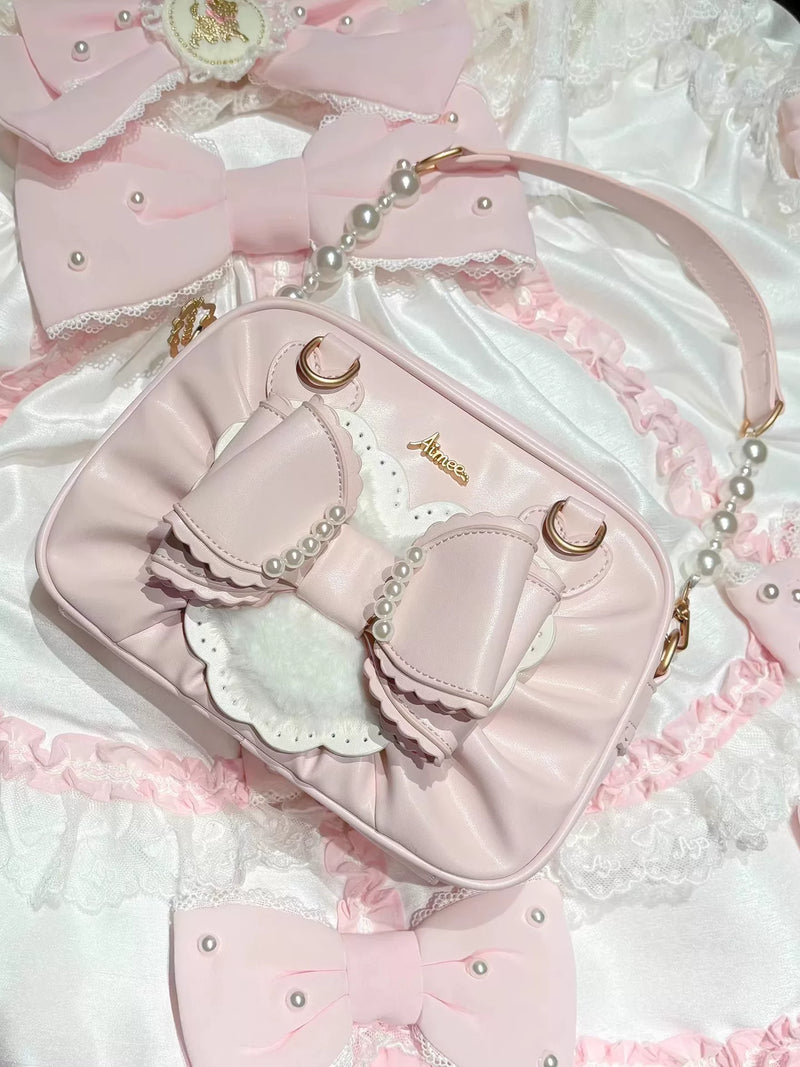 Aimee Peach Square Box Lolita bag — close-up of the layered bow and bag body