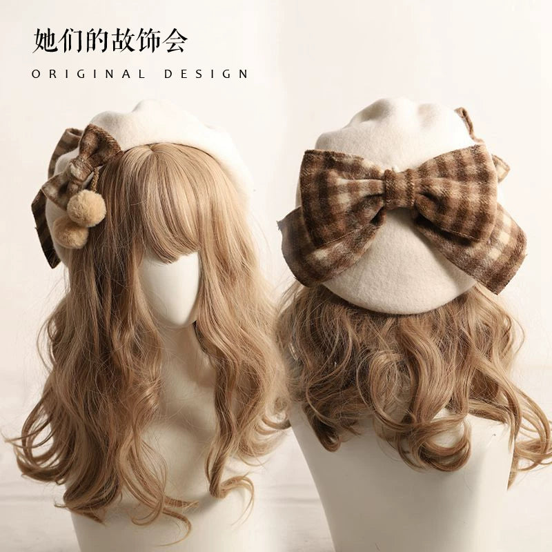 Her Vintage Society - Plaid Bow Beret - Beret with Large Check Bow