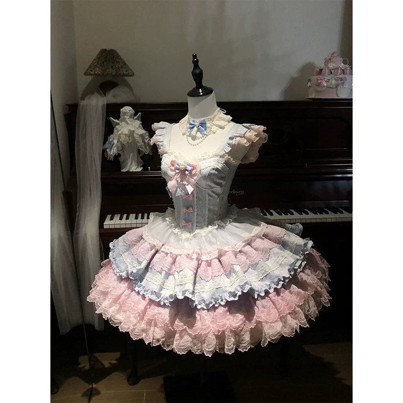 Blue-pink and white layered ruffle JSK dress displayed on a mannequin.
