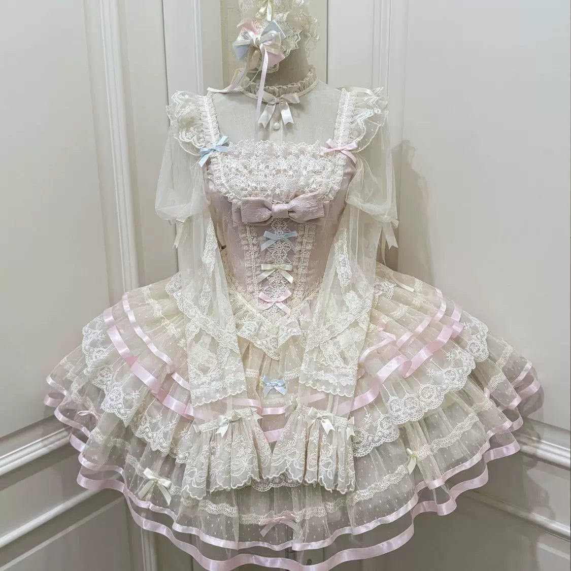 Lady Han Butterfly Ballet JSK dress by Lolita Fetch, pink and white floral ballet-inspired dress with butterfly details and bow accents.