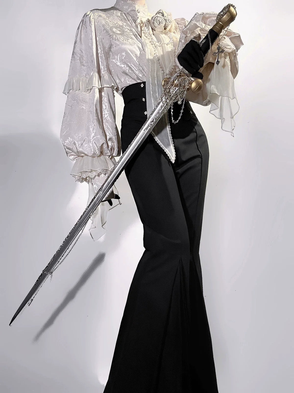 Letters from Unknown Star - Rose and Sword - Ouji Lolita Jacquard Blouse & High Waist Pants Suit