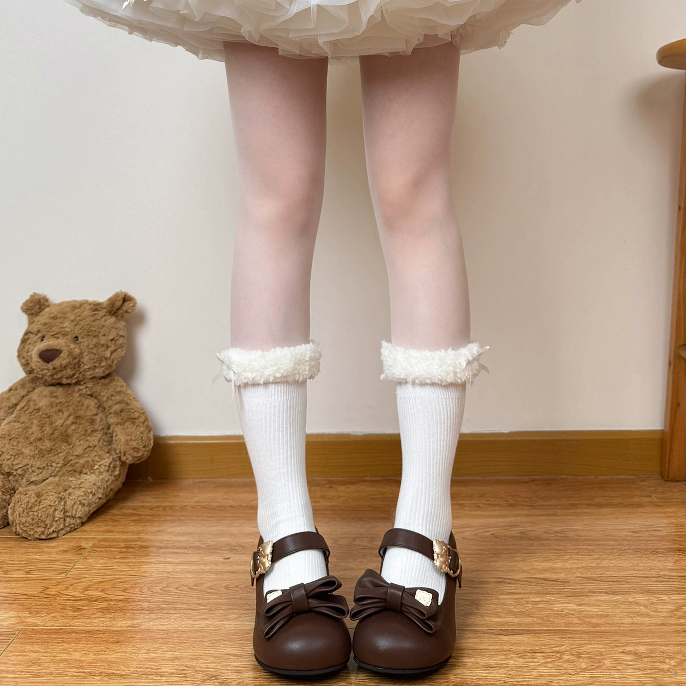 Chubby Bear Tales - Fleece Bow Layers - Fluffy Mid-Calf Socks with Ribbon Cuffs