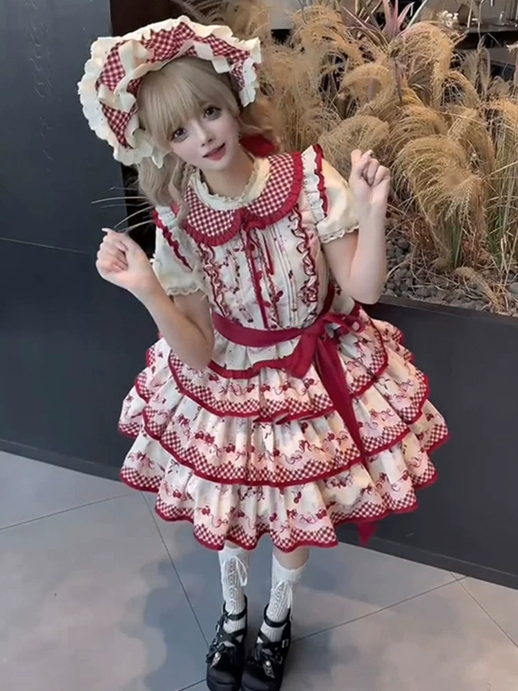 Dream Bunny - The Cherries Are Ripe - Cherry-Print Lolita Fashion Set with Gingham Ruffles