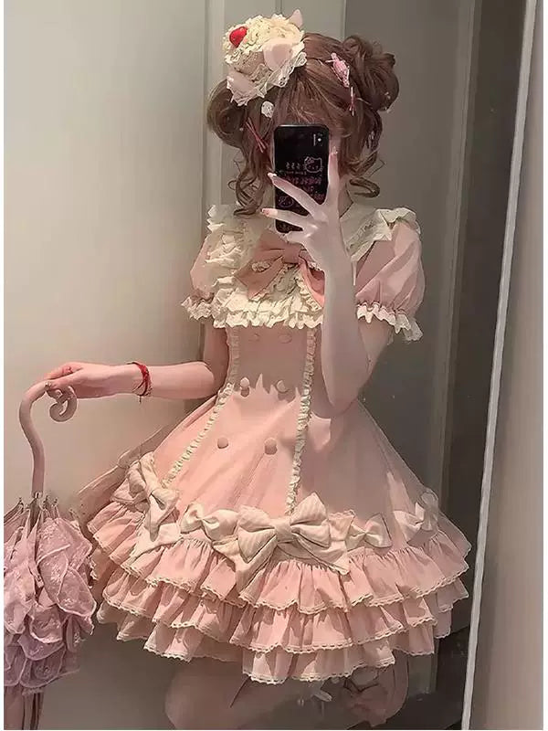 Creamy - Pink Stripe Cake - Pink Striped Lolita Dress with Tiered Ruffles