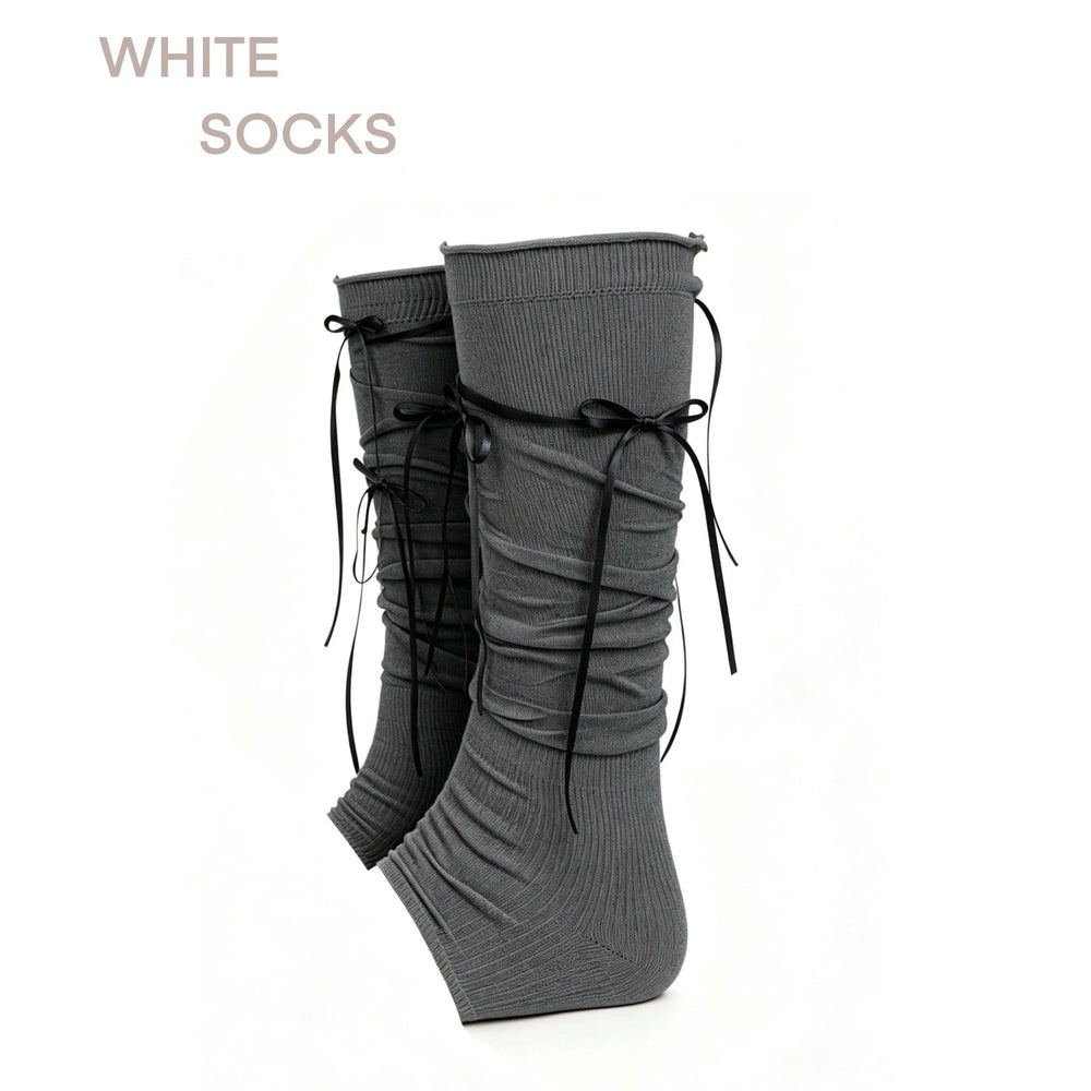 White Socks light gray ruched calf socks with long ribbon bows