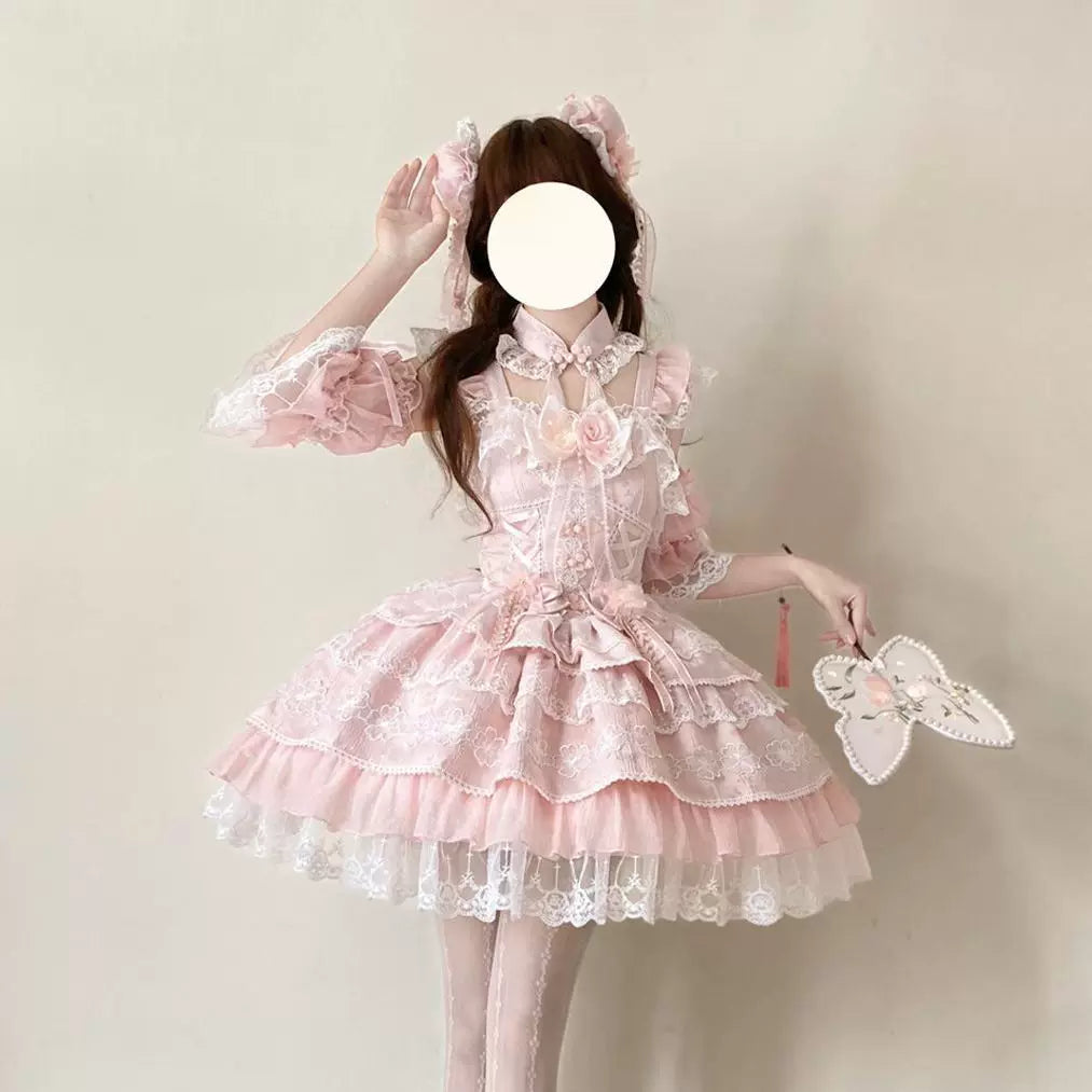 Lady Han Peach Rain Chinese Sweet JSK Dress by Lolita Fetch featuring a pink and white floral pattern and traditional design details.