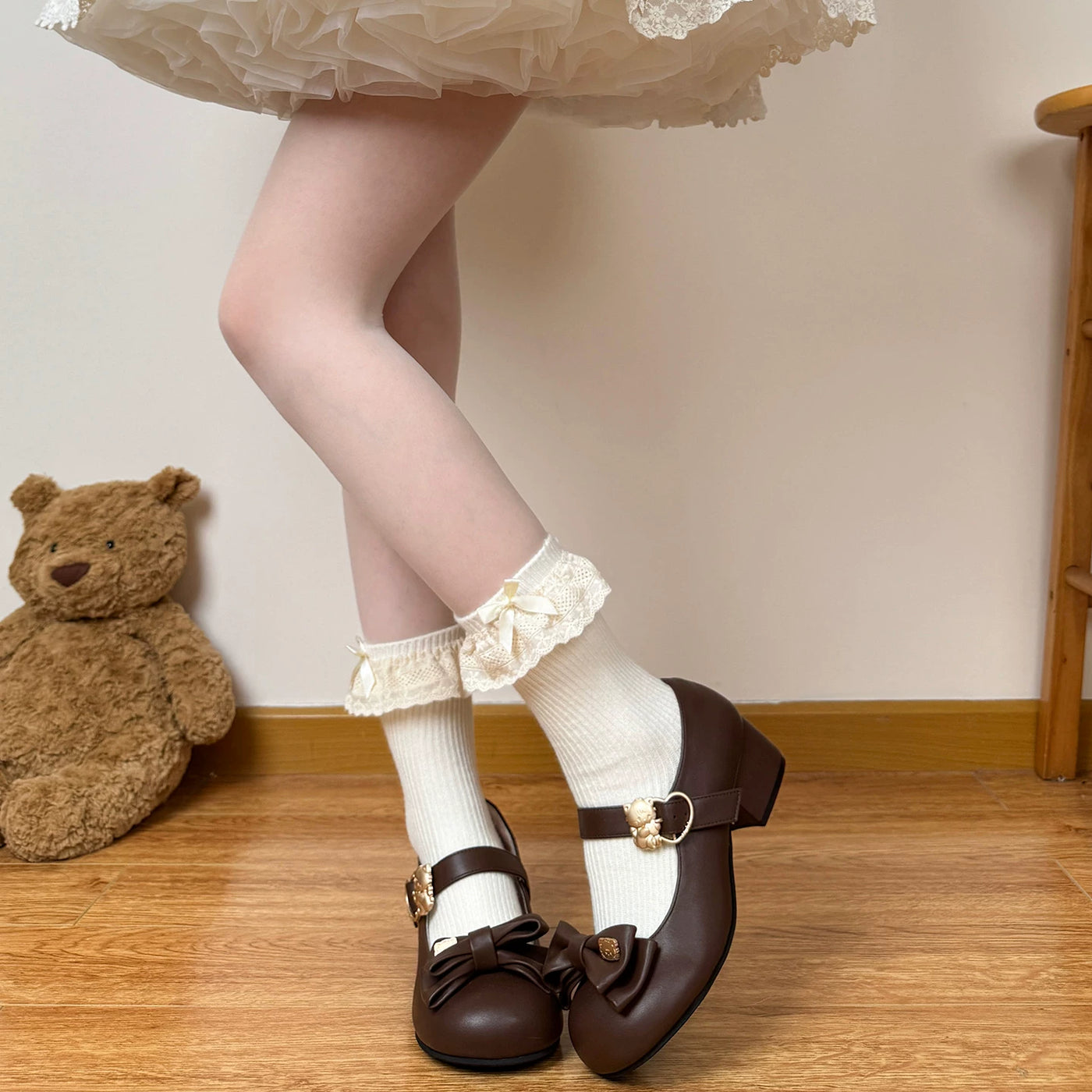 Chubby Bear Tales - Antique Doll Socks - Ribbed Mid-Calf Socks with Folded Lace Edges