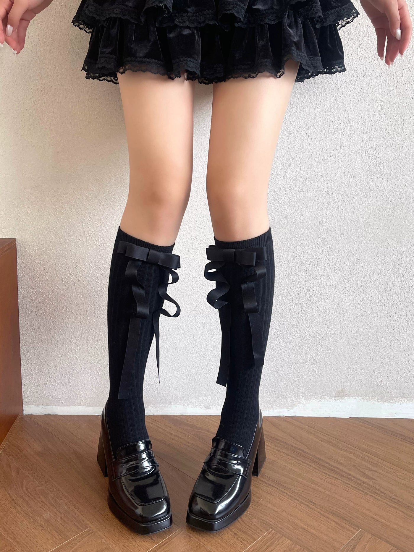 Sock Noble - French Ribbon Cascade - Mid-Calf Socks with Trailing Bow Ribbons