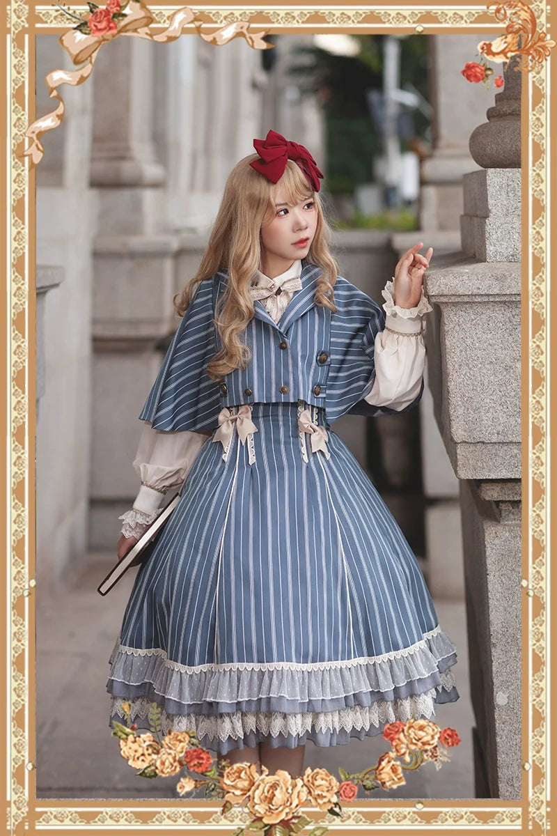Infanta - Elegant Lolita Stripe High-waist - Jumper Dress Set and Cape SK Skirt