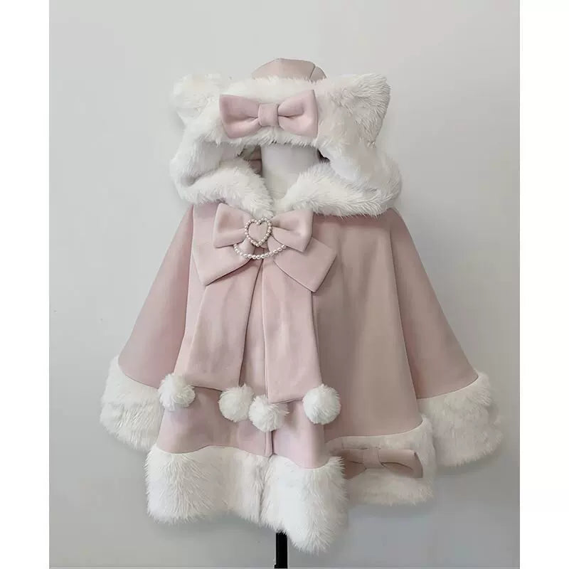 Cat-Ear Bow Hooded Lolita Cape — Pink Cape