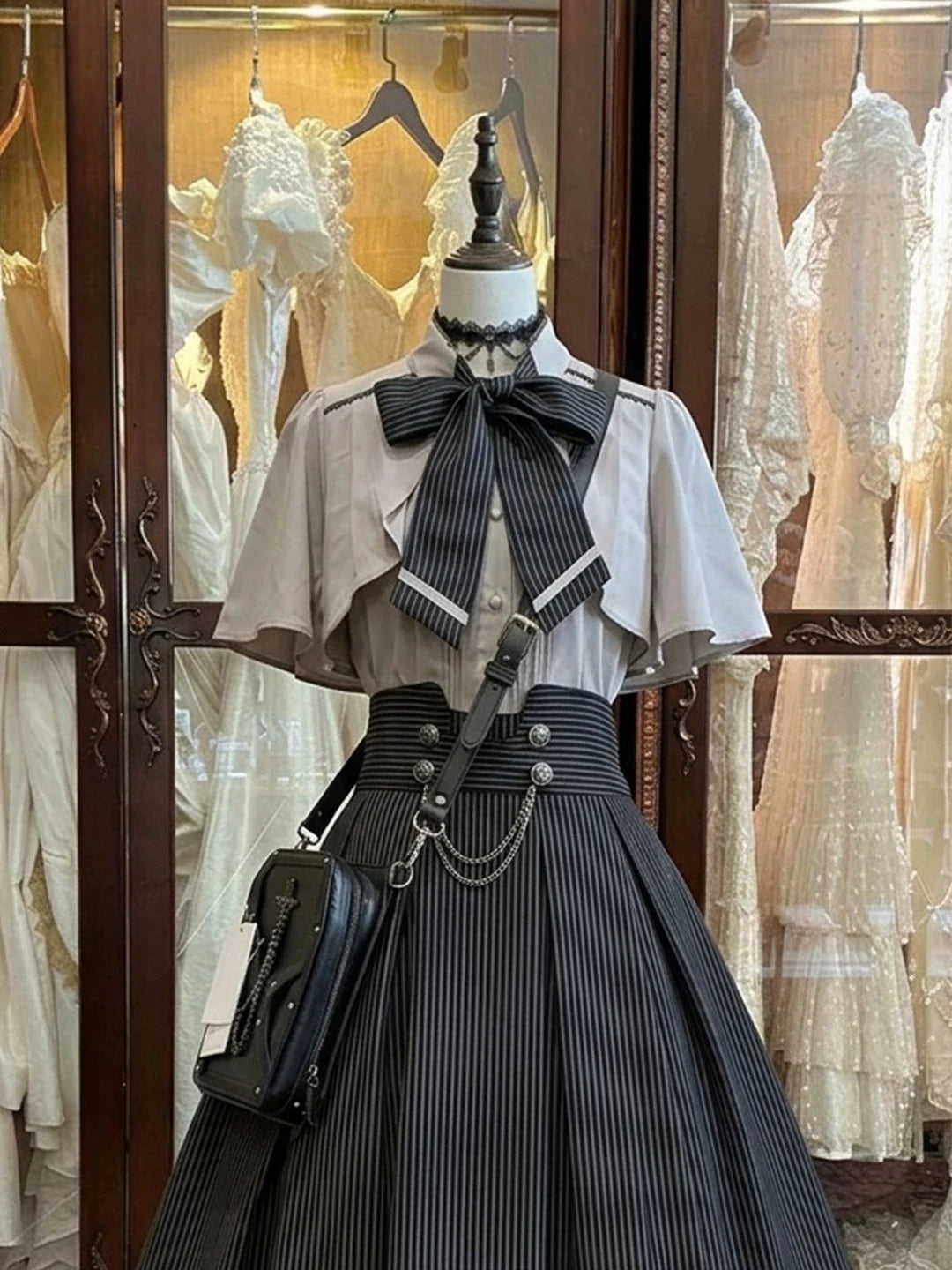 Creamy - Vintage Heiress - Blouse and High-Waisted Skirt Set with Pinstripes