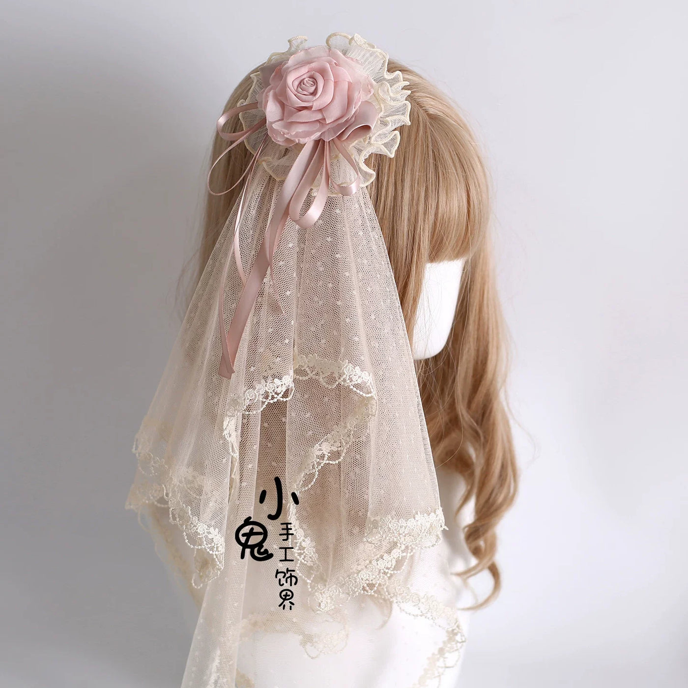 Elegant Champagne Lolita Headdress, Floral & Bows Hanamaru with Small Veil Only (with fixed clip)