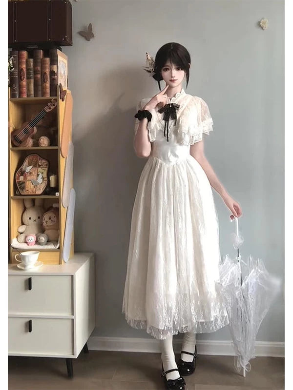 Creamy - Clear White - White OP dress with lace embroidery