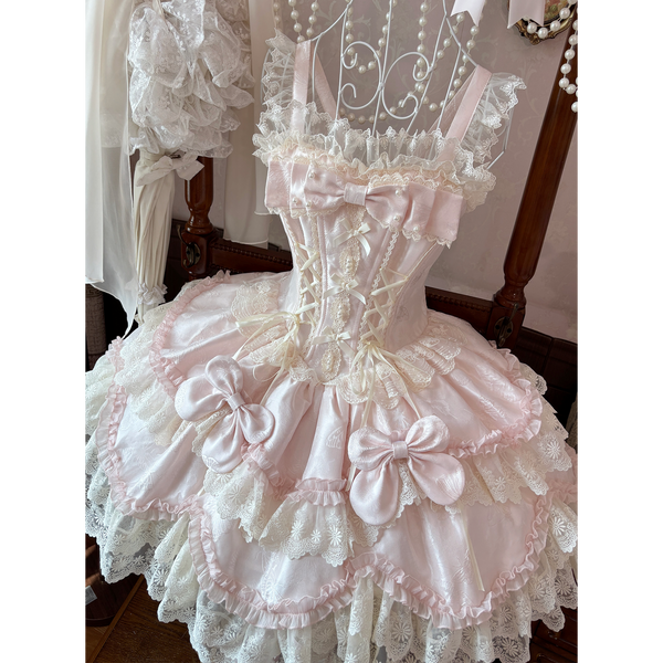 Zhijinyuan Sea Moon Realm Ballet JSK & Accessories — Soft Pink jacquard JSK on a mannequin