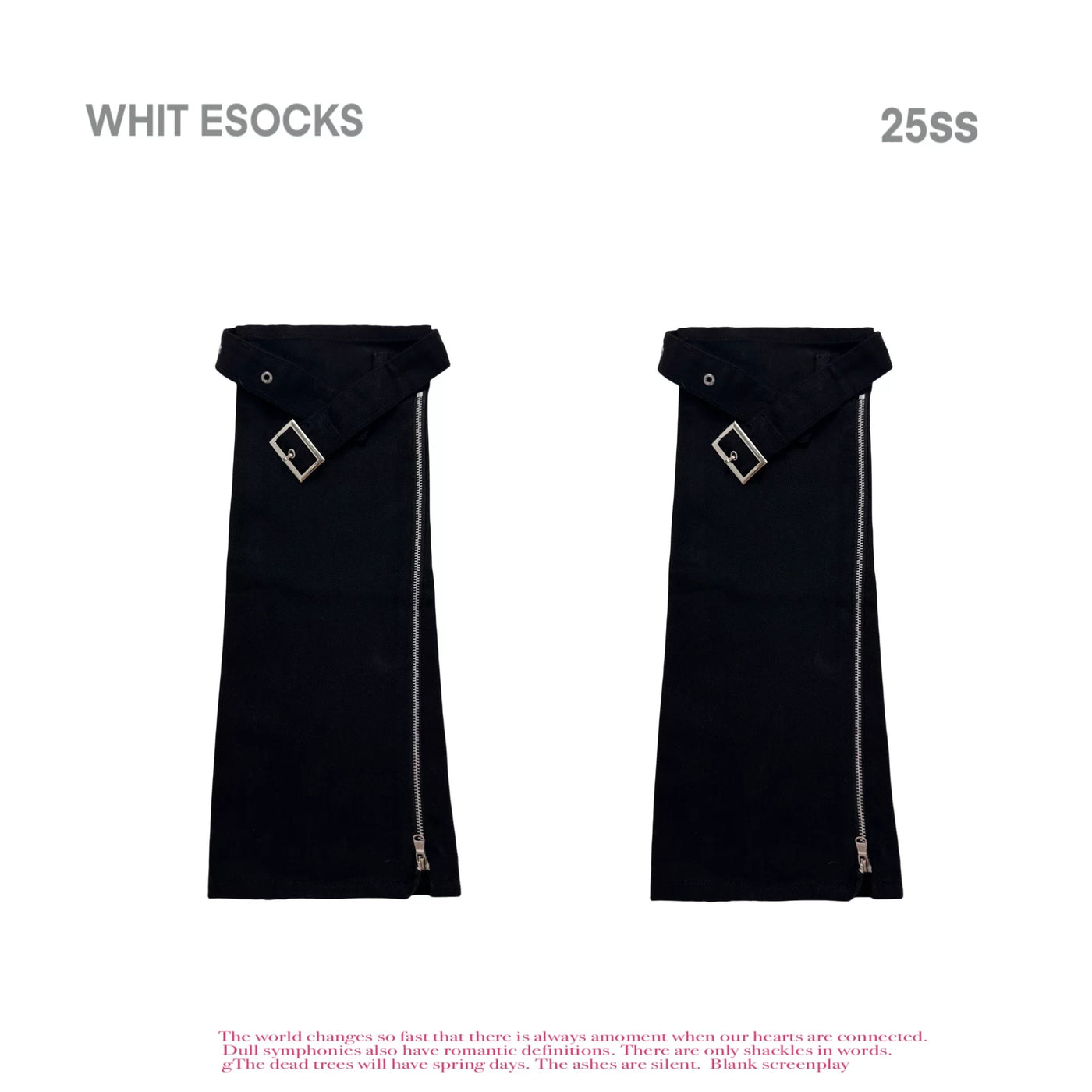 Black Y2K stacked calf sock sleeve with silver metal zipper detail, front view