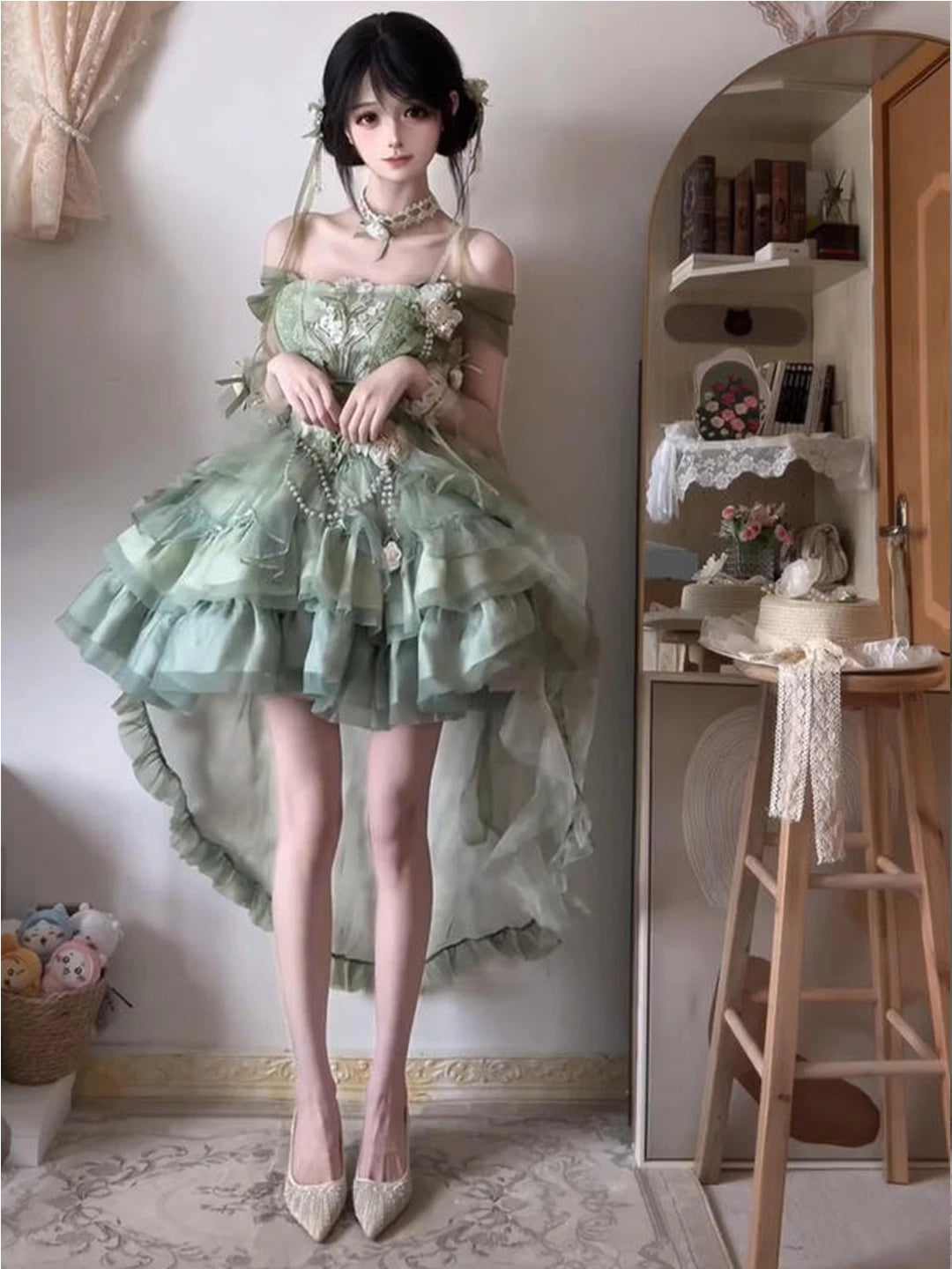 Creamy - Ballet Chinese Princess - Green Lolita Dress Set with a Layered Train