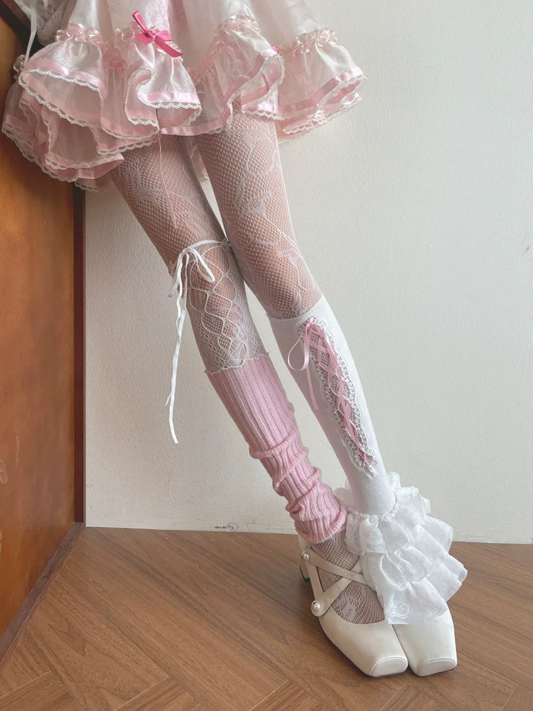 Sock Noble - Layered Y2K Legwear - Pink fishnet tights with strap-detail slouch socks