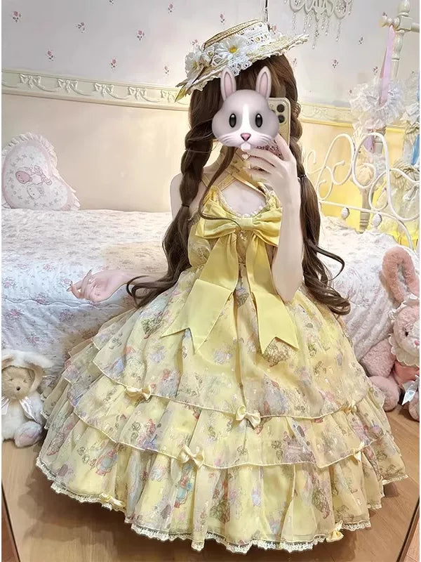 Sweet Lolita halter neck dress with floral print and tiered skirt