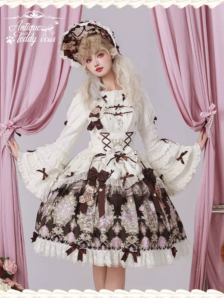 OCELOT - Antique Teddy Bear - Classic Lolita Printed JSK Dress with Ribbon Bows