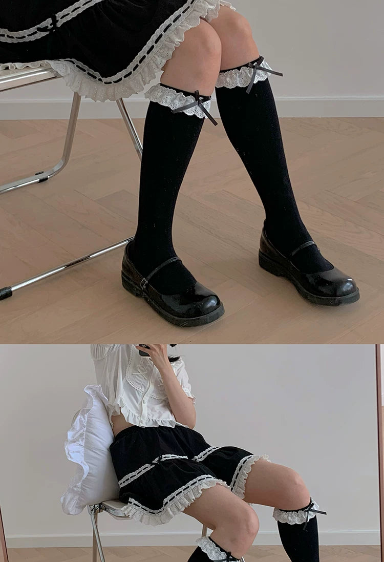 roji roji - Victorian Lace Bow - Black and White Mid-Calf Socks with Lace Trim