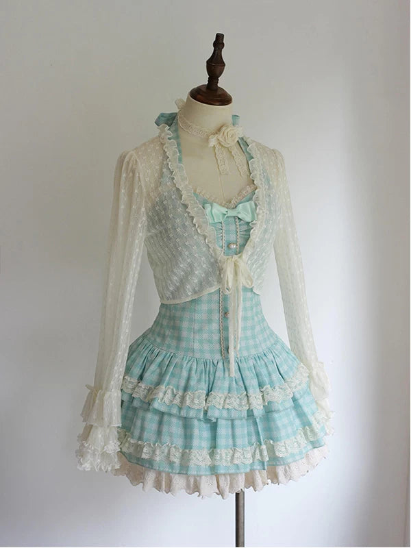 Creamy - Gingham Halter - Cardigan and Gingham Dress Set with a Waist Bow