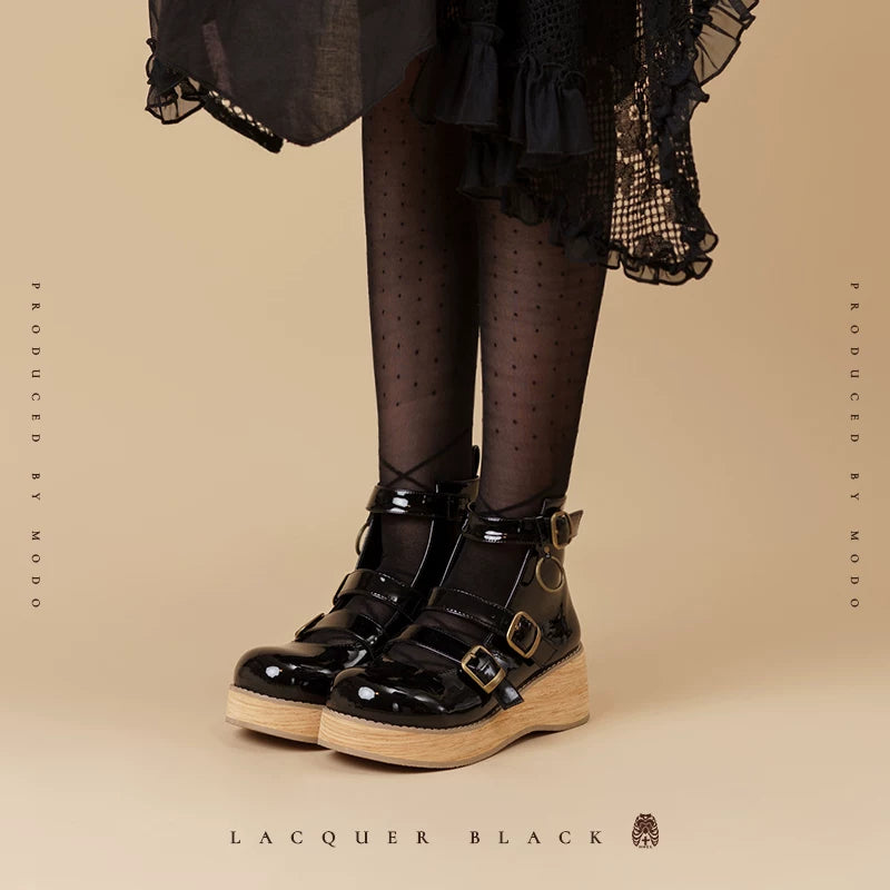 MODO Triple Buckle Low Platform Retro Lolita Platform Shoes – Patent Black – view 8