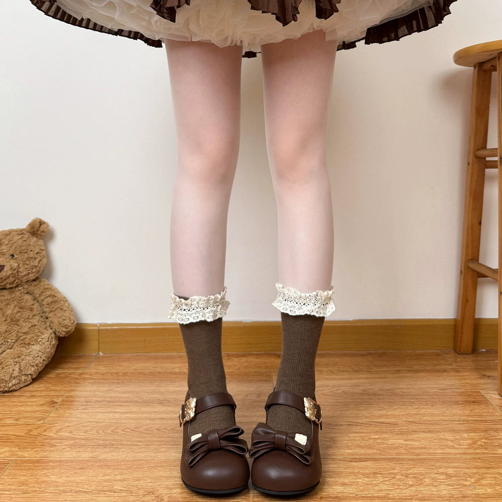 Lolita drawstring coffee-colored mid-calf socks