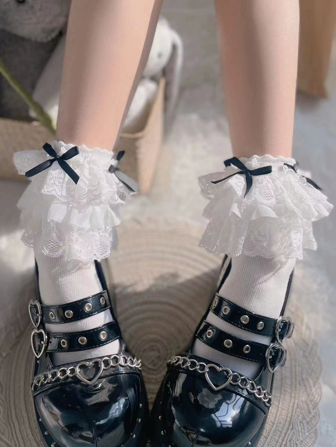 Fantasy Doll - Lace Cascade - Cotton Socks with Oversized Lace Bow Trim
