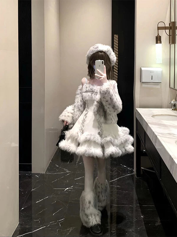 Creamy - Winter Fuzzy - Fuzzy Coat and Puff Dress Set