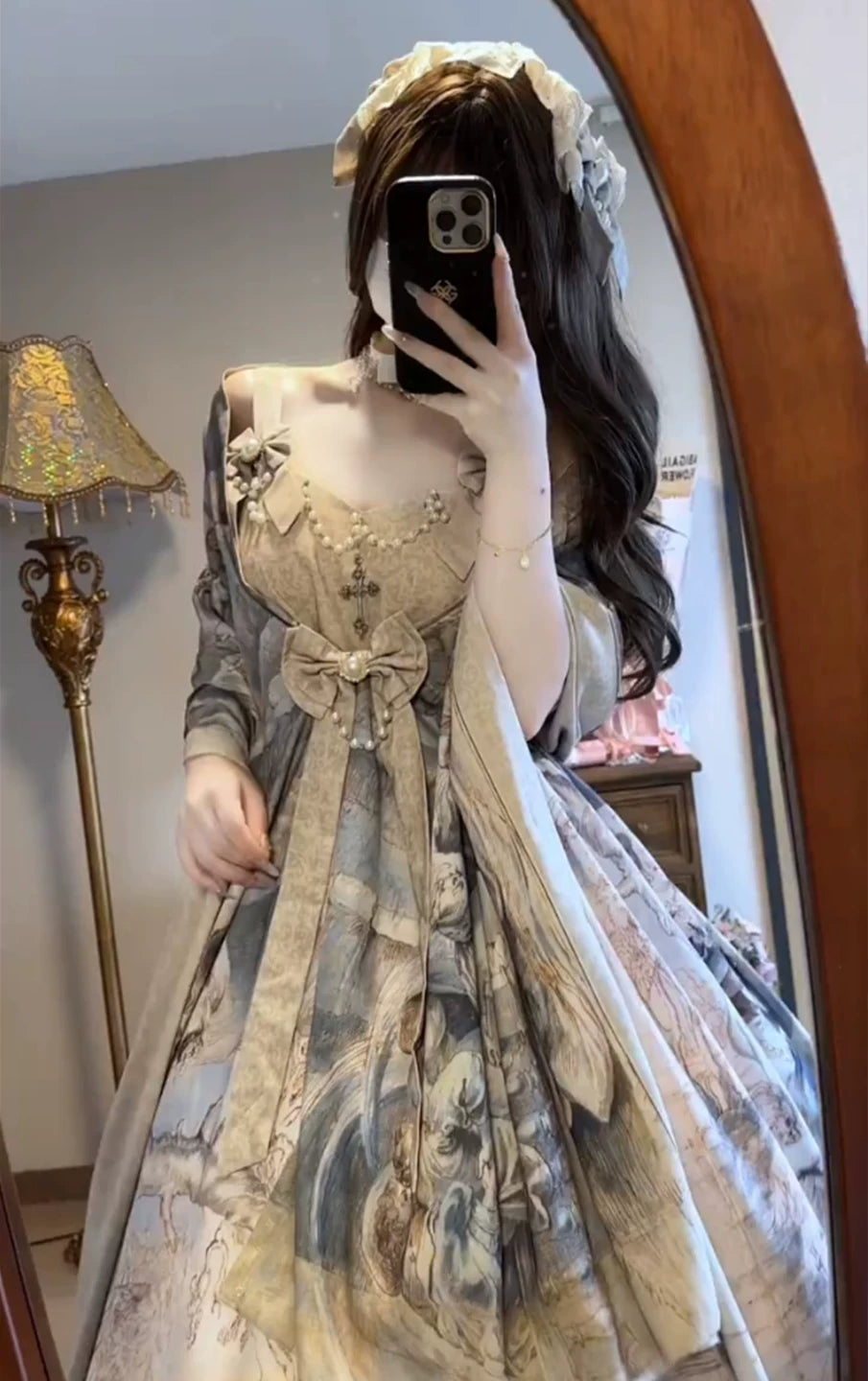 Creamy - Oil Painting - Vintage Painting-Style JSK Dress with Shawl