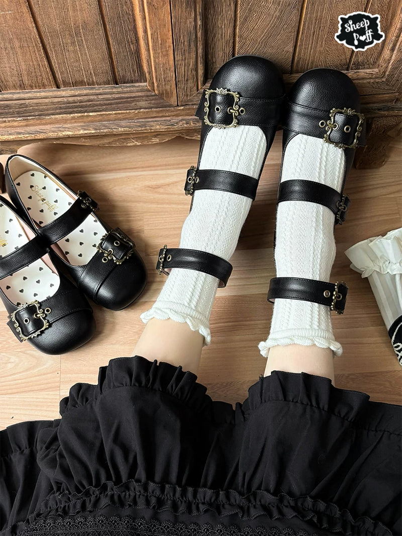 Sheep Puff Curly Sheep Lolita Shoes with mid-low heels and fluffy sheep design, stylish footwear by Sheep Puff.